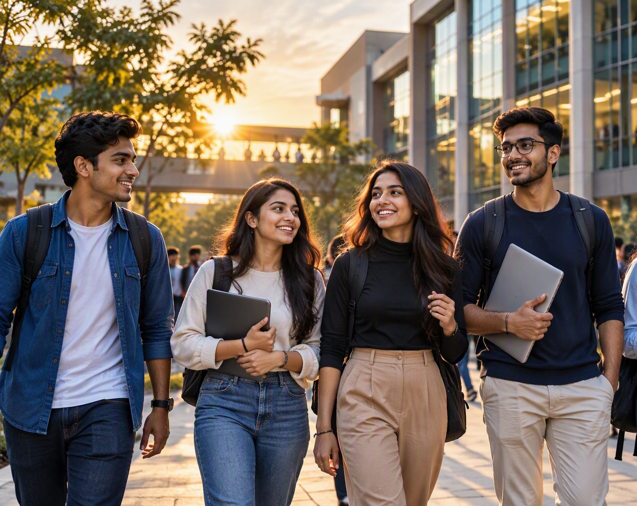 College students walking together on a modern campus