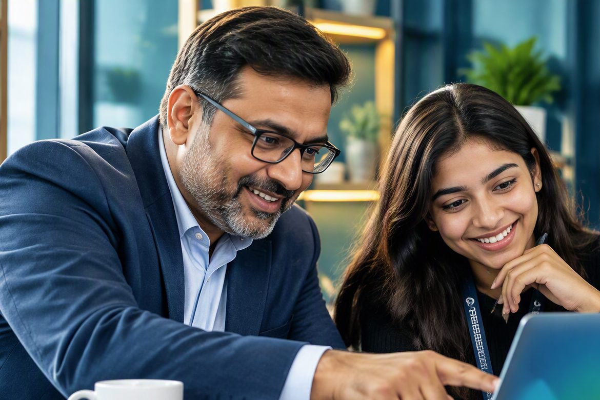 Mentor reviewing a development report with a student